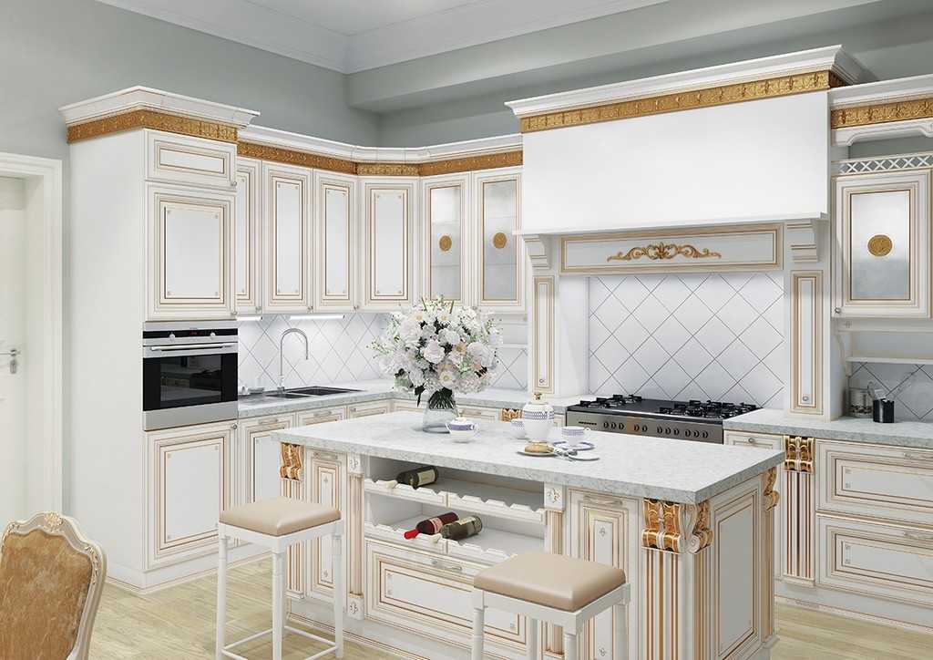 Светлая кухня с патиной в стиле классика